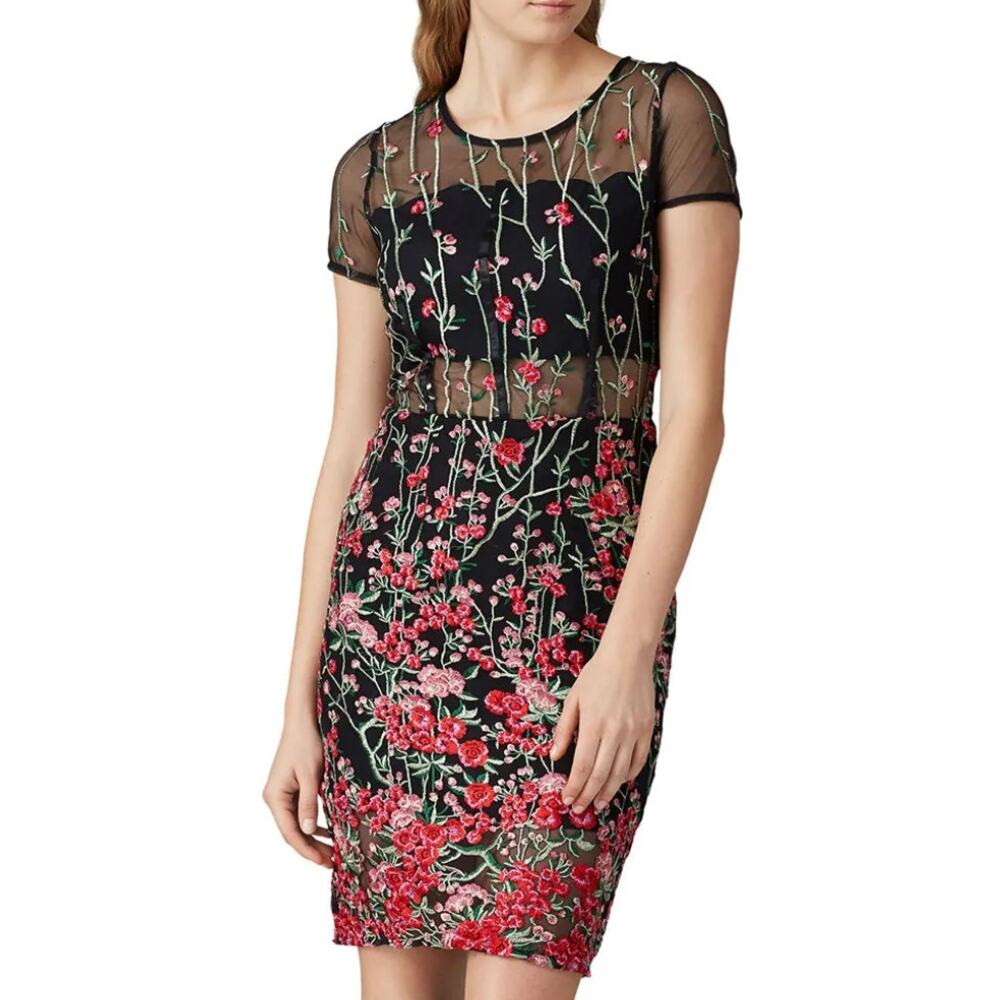 Floral Embroidered Black Mini Dress with Sheer Bodice